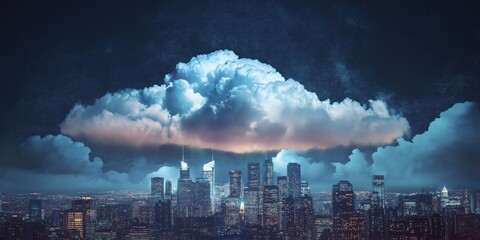 A city skyline is lit up at night with a large cloud in the sky. The city is bustling with activity and the cloud adds a sense of mystery and wonder to the scene