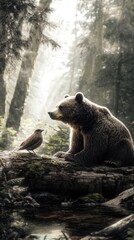 Fototapeta premium A bear and a bird share a serene moment in a sunlit forest.