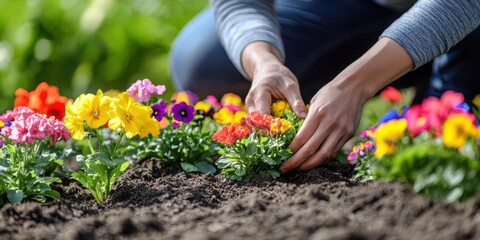Fototapeta premium A person planting colorful flowers in a garden bed.