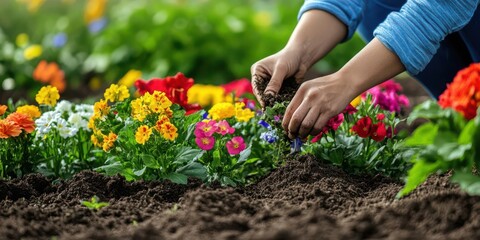 Fototapeta premium A person planting flowers in a garden, nurturing vibrant blooms in rich soil.