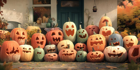 Obraz premium Pumpkin Palooza: A variety of carved and uncarved pumpkins of all sizes, shapes, and colors, displayed in a cozy front yard.