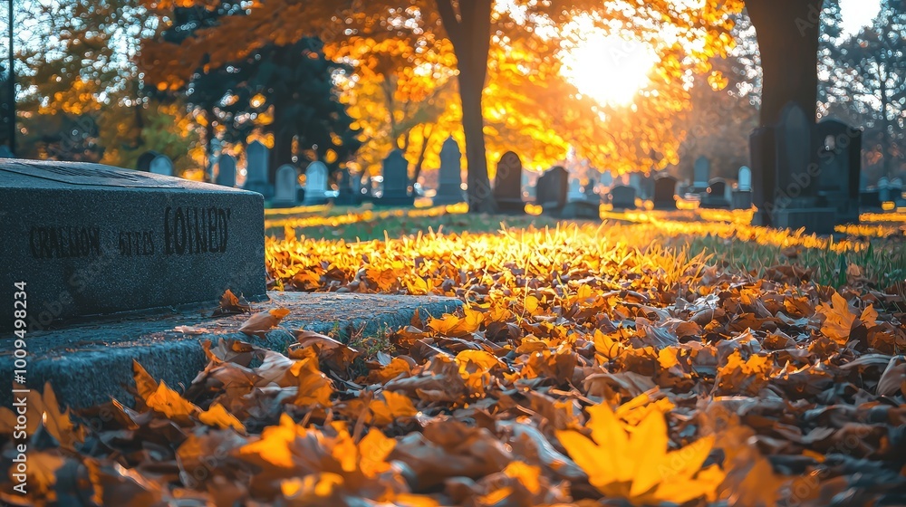 Poster a serene autumn scene in a cemetery with colorful leaves and soft sunlight filtering through trees, 