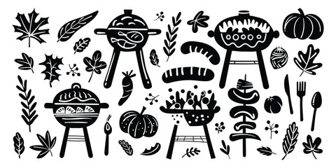 Set of isolated cute barbecues elements in doodle hand drawn style on a transparent background. Vol.1 : Black silhouette