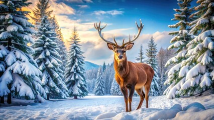 Beautiful winter scenery showcases majestic animals gracefully navigating through idyllic snowy environments, embraced by elegant pine trees, creating a serene and peaceful natural wonderland.