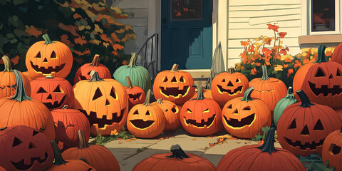 Obraz premium Pumpkin Palooza: A variety of carved and uncarved pumpkins of all sizes, shapes, and colors, displayed in a cozy front yard.