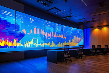 large display visualizes profit margins and performance data during corporate meeting