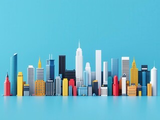 Obraz premium Metropolitan Scene with Skyscrapers, Contemporary Architecture, and Vibrant Urban Infrastructure under a Clear Blue Sky, Showcasing the Thriving Modernity and City Life