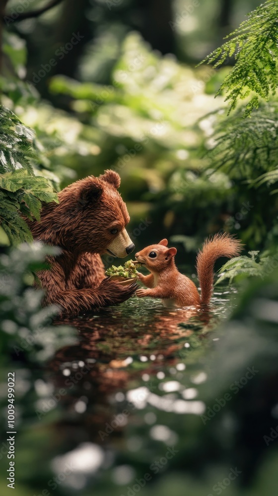 Wall mural A bear and a squirrel share a moment by a serene forest pond.