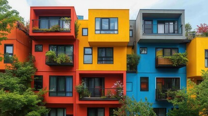Fototapeta premium vibrant multicolored building with an abundance of windows and balconies showcasing a lively urban scene with a diverse community feel and artistic architectural design