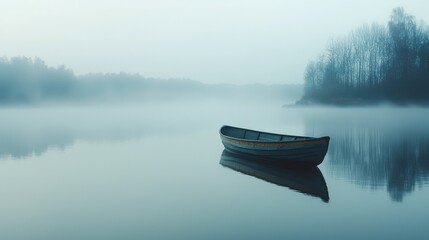 Fototapeta premium A serene boat floating in a misty lake, evoking tranquility and peace in nature's calm embrace.