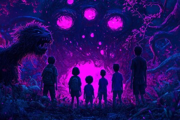 Silhouetted figures stand before a glowing portal in a purple and blue forest