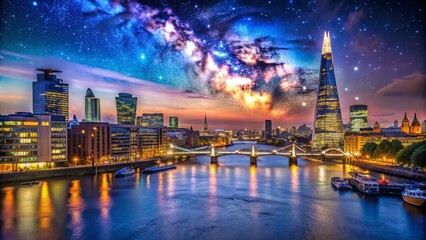 Obraz premium Stunning Night Skyline of London with Illuminated Landmarks and a Beautiful Starry Sky Above