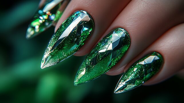 A close-up shot of nails with holographic green and silver tones, featuring sharp metallic details and abstract geometric shapes. The glossy nails reflect bright light,