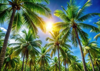 Beneath a radiant blue sky, vibrant palm trees flourish, sunlight delicately filtering through their leaves, painting a tranquil tropical paradise full of life and warmth.
