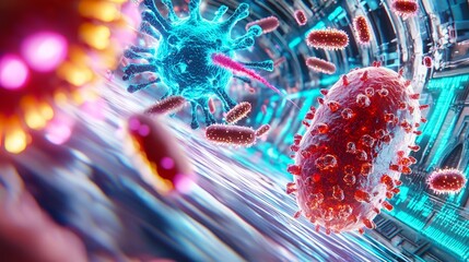 Microscopic virus cells are depicted in vibrant, detailed digital rendering, showcasing their intricate structures and interactions within cellular environment. image evokes sense of scientific