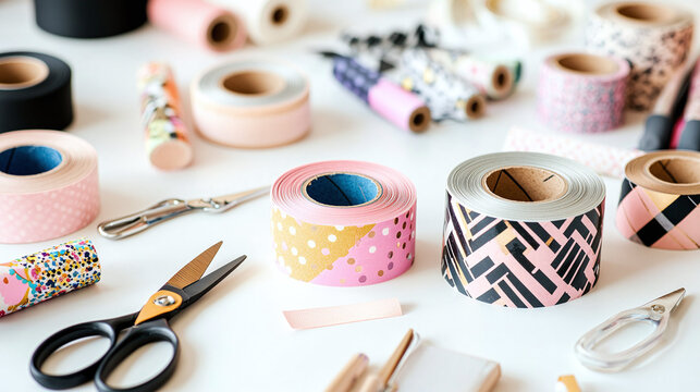 a creative workspace with an array of patterned tapes, scissors, and craft supplies arranged on a clean white desk