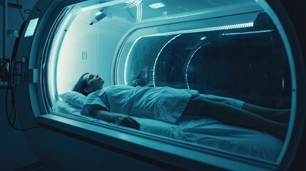 Obraz premium A serene medical environment featuring a patient resting in a hyperbaric chamber, illuminated by soft blue lighting.