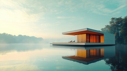 Fototapeta premium A serene modern house reflects on calm water during dawn, surrounded by misty nature, showcasing tranquil architecture.