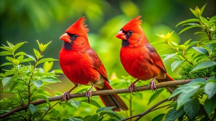 Stunning Pair of Cardinals Perched Gracefully on a Branch Surrounded by Vibrant Green Foliage