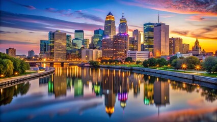 Naklejka premium Stunning Philadelphia Skyline at Dusk with Illuminated Buildings and Reflections on the River