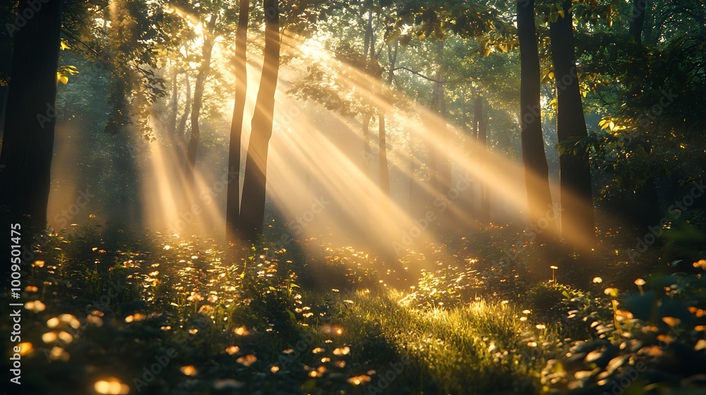 Poster sun rays illuminate a misty forest with sunlight streaming through the trees.