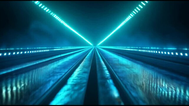 Futuristic blue corridor with dynamic light streaks and a textured floor, creating a sense of depth and movement.