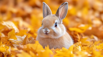 Adorable bunny rabbit with white face and brown fur sitting in a pile of fall leaves.