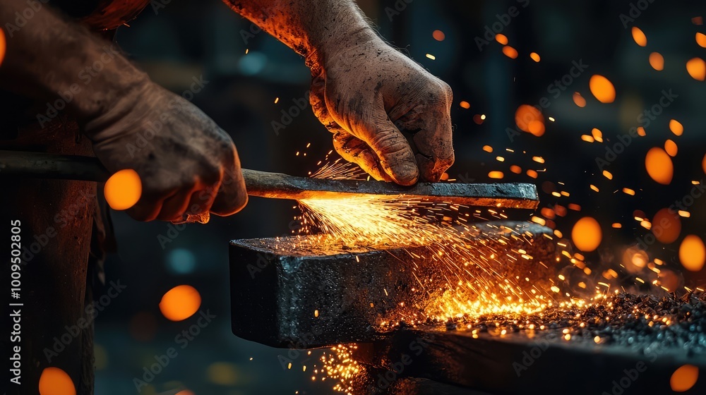 Poster a skilled blacksmith forging metal, creating sparks and showcasing craftsmanship in a workshop envir