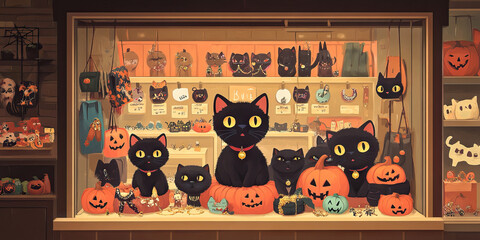 Black Cat Boutique: A small store window display filled with plush black cats, Halloween-themed jewelry, and spooky-looking accessories.