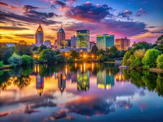 Fototapeta premium Breathtaking Cary, NC skyline illuminated at sunset, with vibrant city lights reflecting beautifully on the serene water's surface, creating a captivating evening scene.