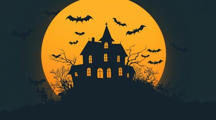Fototapeta premium A spooky silhouette of a haunted house against a glowing full moon, surrounded by flying bats, perfect for Halloween themes.