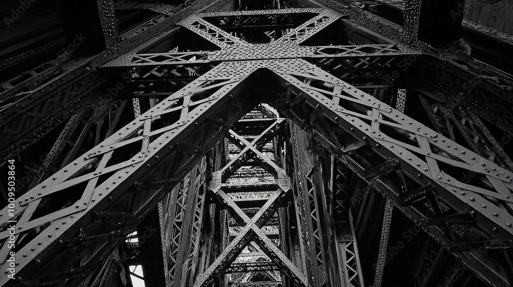 Poster a striking view of an industrial bridge structure captured from below, showcasing intricate metalwor