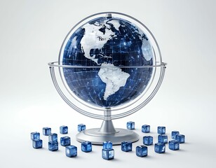 Fototapeta premium A futuristic blue and silver globe, hovering on a blank white canvas, with chains of luminous data blocks encircling it in a complex pattern, symbolizing the interconnected digital