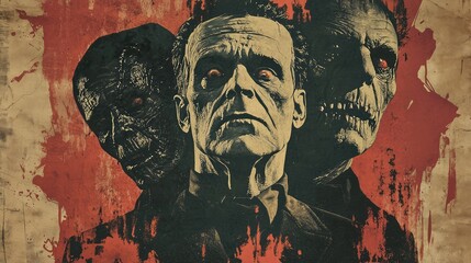 Fototapeta premium A striking illustration featuring three haunting figures on a textured background, capturing the essence of classic horror.