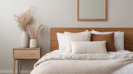 Bedroom interior with mirror, home decor and nightstand near bed