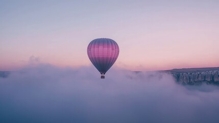 Fototapeta premium A stunning hot air balloon soaring through pastel clouds at sunrise, creating a serene and breathtaking aerial view.