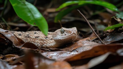 Fototapeta premium A close-up of a snake resting among leaves in a natural environment.