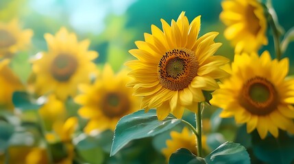 A detailed close-up of nails decorated with vibrant sunflower patterns, bright yellow petals and green leaves against a sky blue base. The nails are captured in bright sunlight,