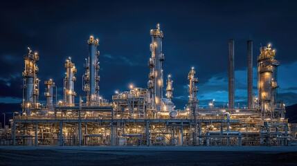 Fototapeta premium A stunning industrial scene of a refinery illuminated at night, showcasing the complex structure and brilliance of modern engineering.