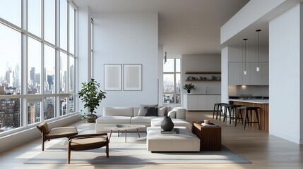 Fototapeta premium Modern Living Room with City View
