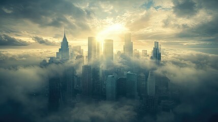 Naklejka premium A stunning view of a city skyline emerging from a thick layer of clouds as the sun rises, illuminating the buildings with a golden glow.