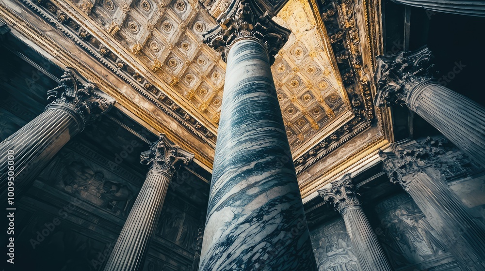 Poster a stunning view of classical architecture featuring elaborate columns and intricate ceiling designs,
