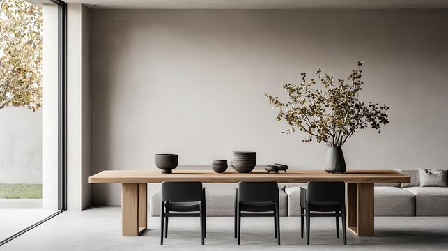 Open-concept dining area with a modern wooden table, sleek black chairs, and an artistic centerpiece, seamlessly blending into a chic living room setting Generative AI