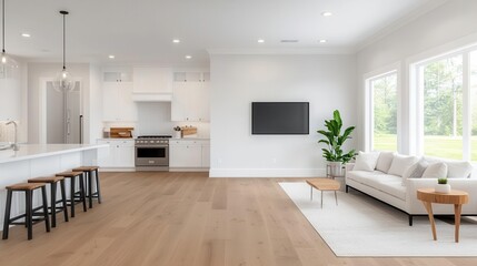 A wide-angle shot showcasing a seamless transition between a fully furnished living room and a modern kitchen in an open-concept layout