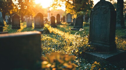 A tranquil cemetery scene bathed in warm sunlight, highlighting gravestones surrounded by lush greenery and gentle shadows.