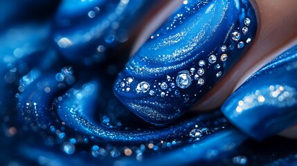 Obraz premium A detailed close-up of nails with deep sapphire blue tones, featuring silver and white marble patterns and tiny rhinestone accents. The nails shine under bright light,