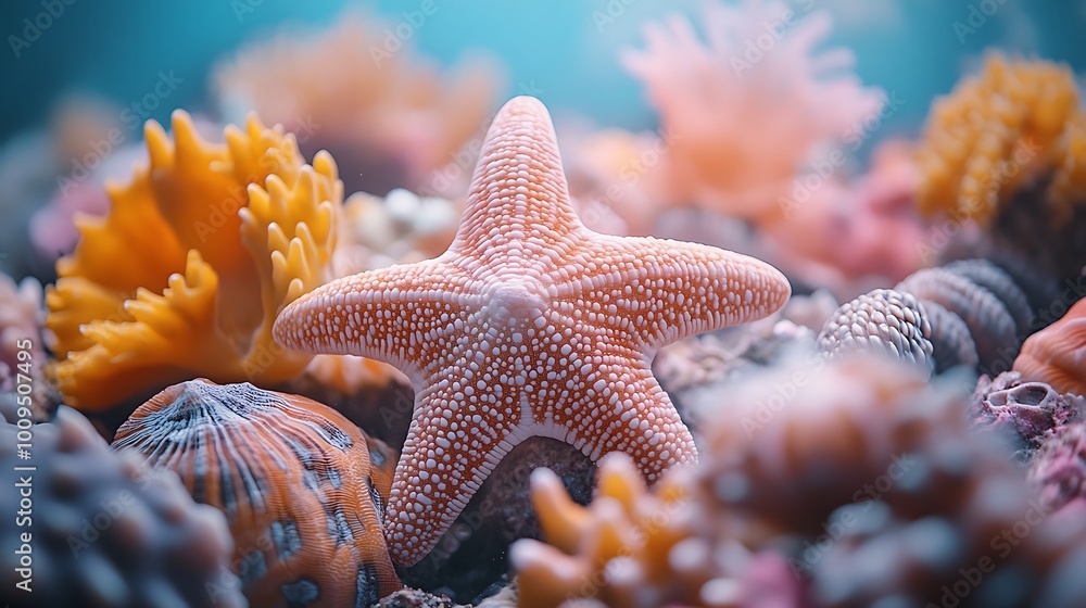 Poster a close-up view of a starfish surrounded by coral and seashells in the ocean.