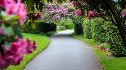 Obraz premium a sweeping driveway leading to a magnificent estate, framed by perfectly trimmed hedges and blooming flowers