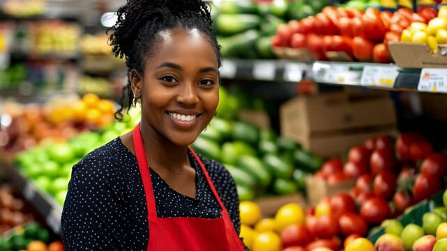 A black woman wearing a red apron stands confidently among vibrant produce displays in a grocery store, smiling brightly