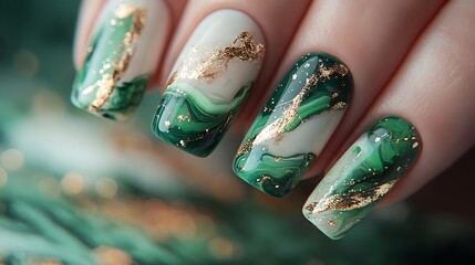 A detailed close-up of nails with green and white marble patterns, delicate gold lines adding a touch of sophistication. The nails shine under bright natural light,